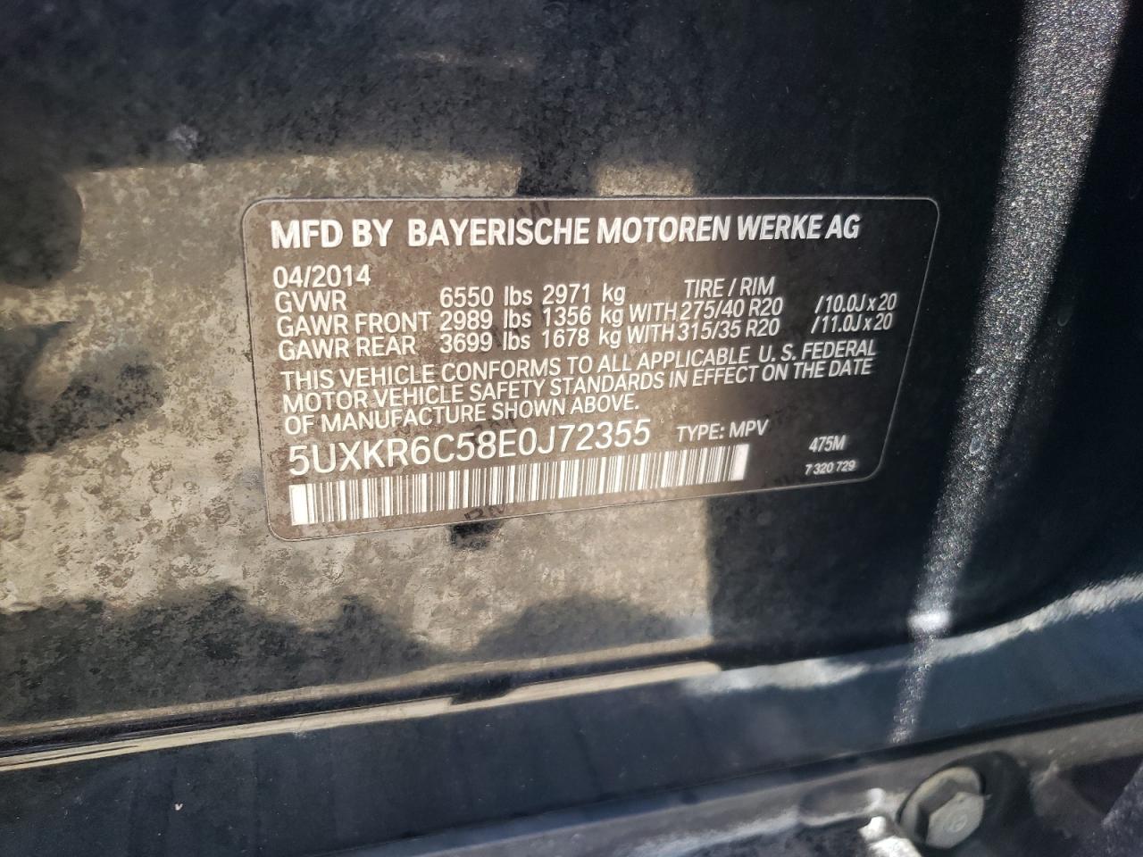 2014 BMW X5 xDrive50I VIN: 5UXKR6C58E0J72355 Lot: 63150164