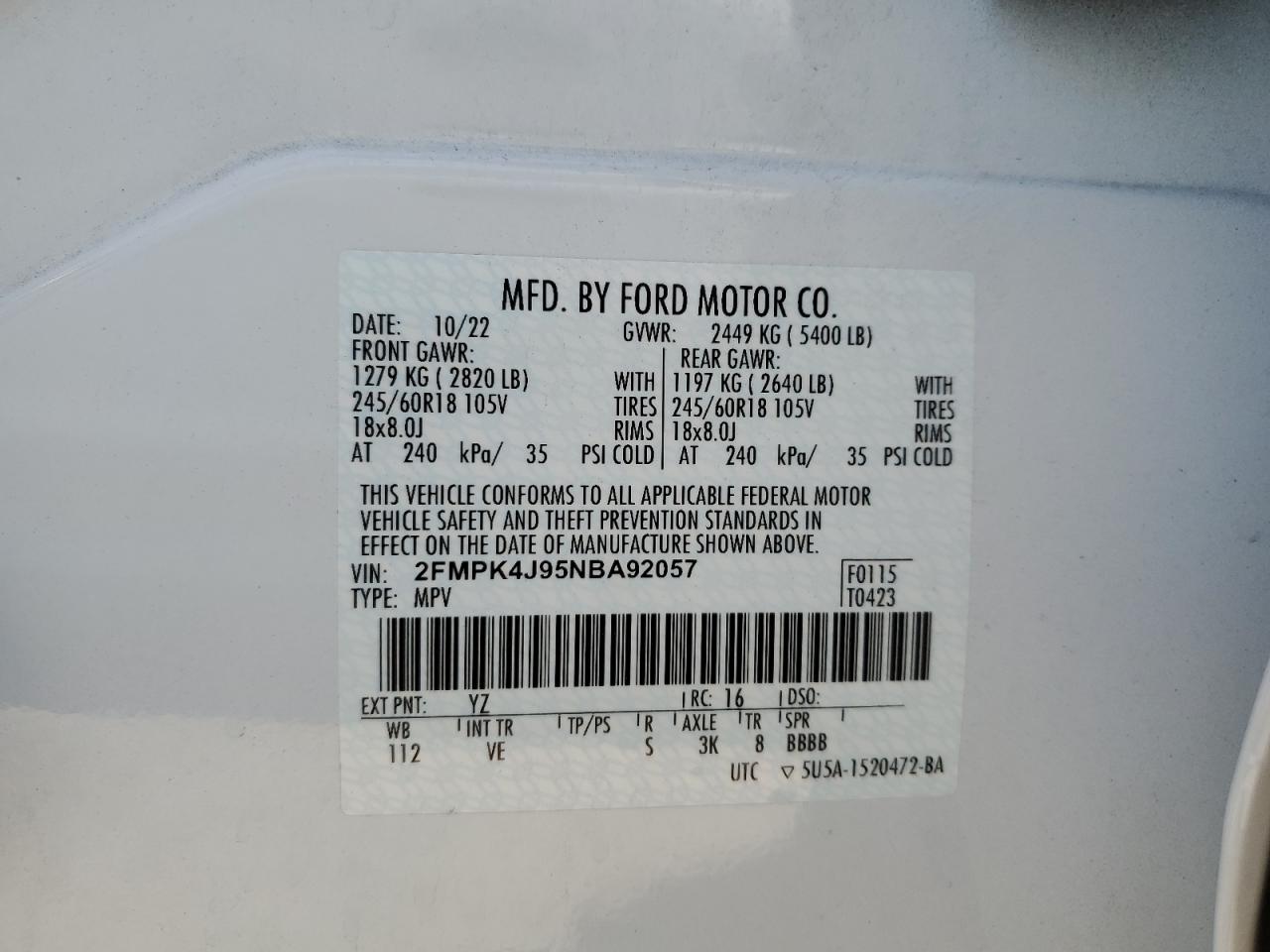 2022 Ford Edge Sel VIN: 2FMPK4J95NBA92057 Lot: 64114984