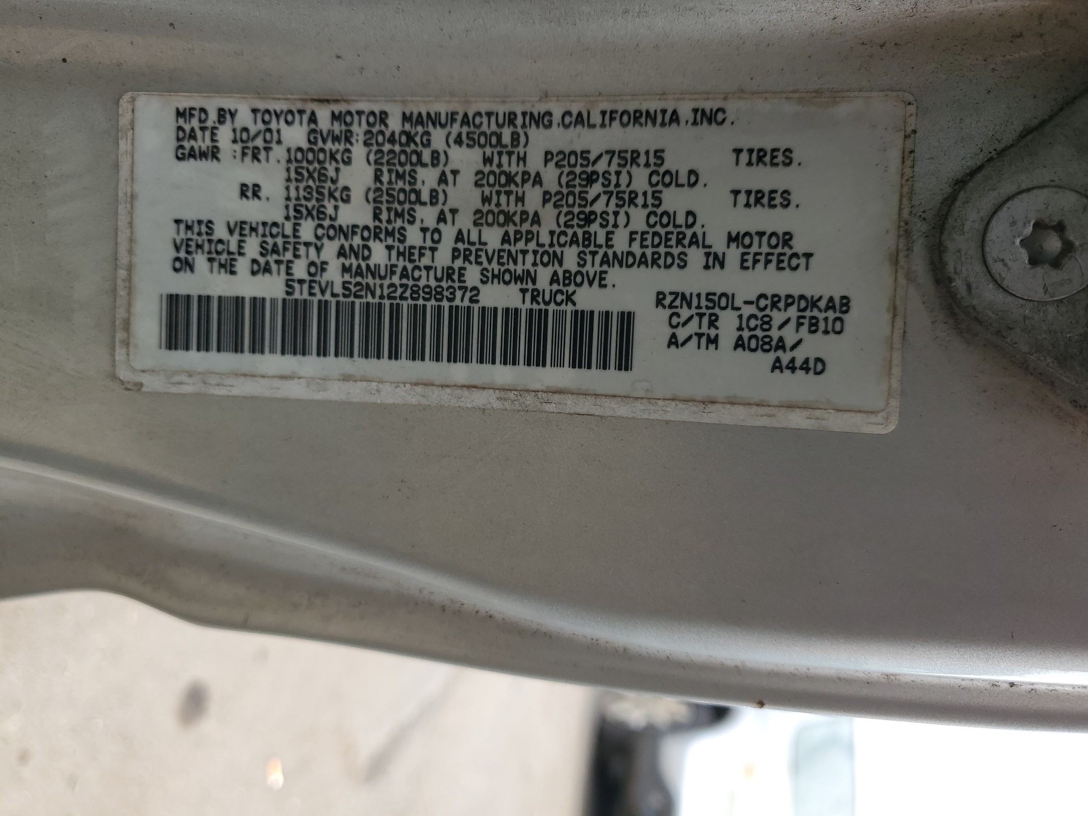 5TEVL52N12Z898372 2002 Toyota Tacoma Xtracab