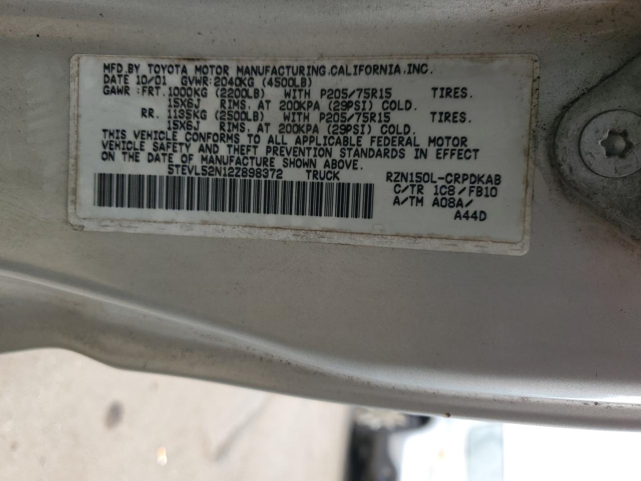 2002 Toyota Tacoma Xtracab VIN: 5TEVL52N12Z898372 Lot: 63779644