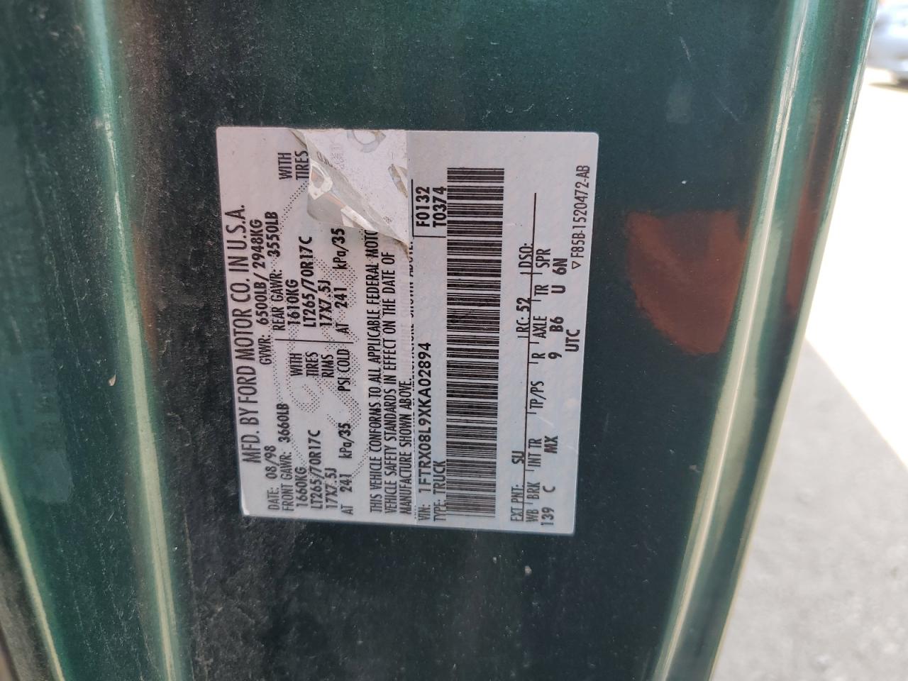 1999 Ford F150 VIN: 1FTRX08L9XKA02894 Lot: 61198854