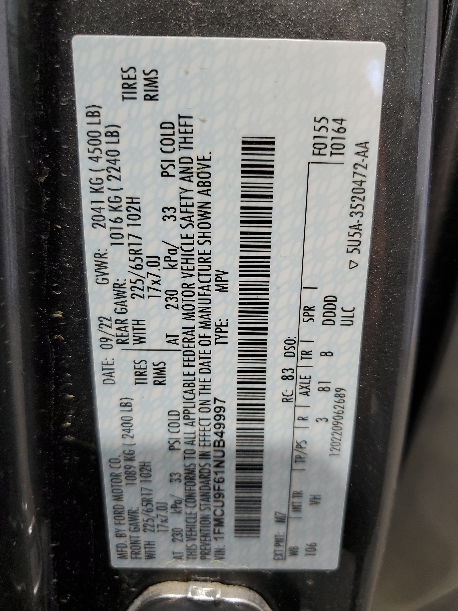 1FMCU9F61NUB49997 2022 Ford Escape S