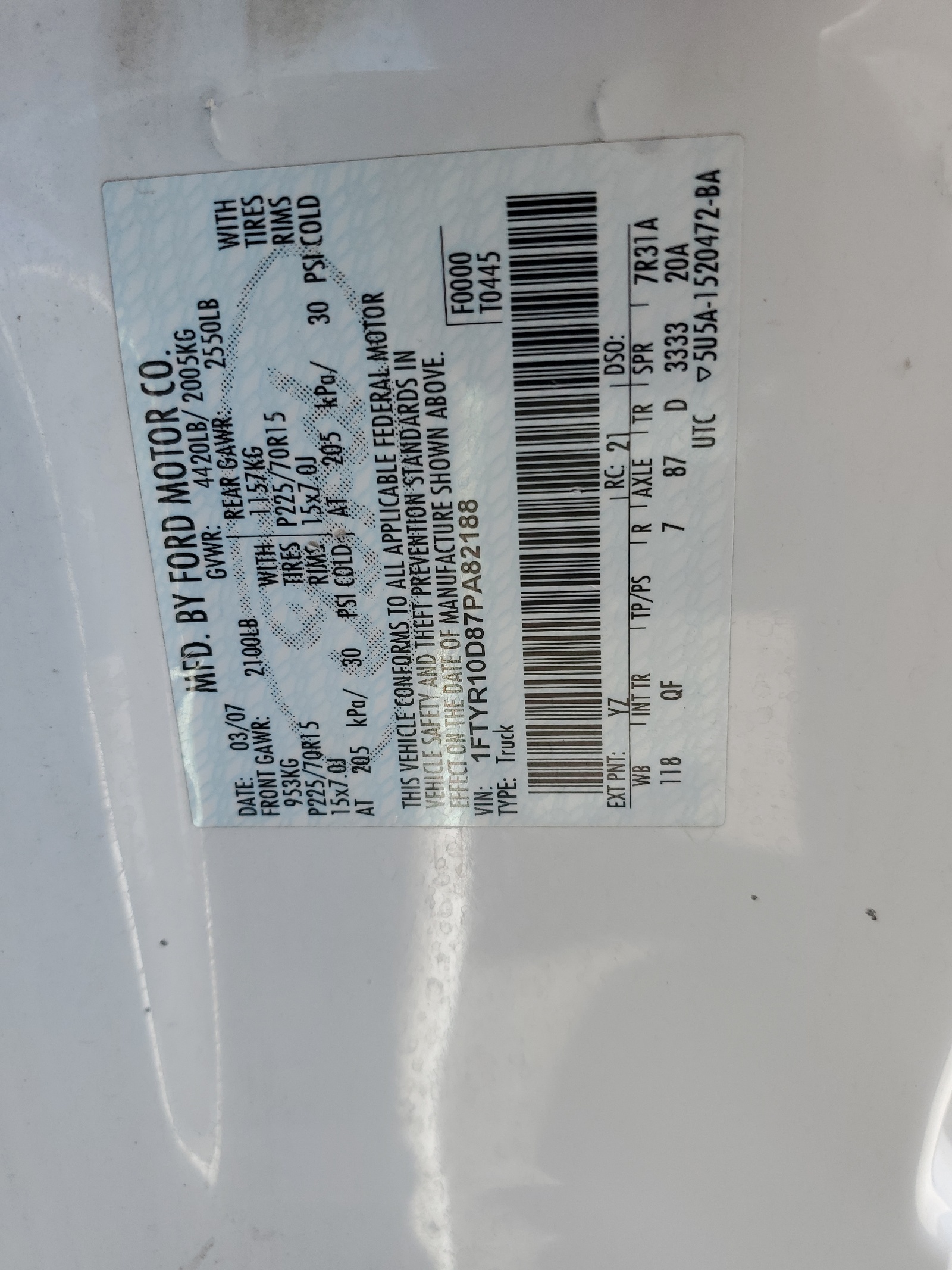 1FTYR10D87PA82188 2007 Ford Ranger