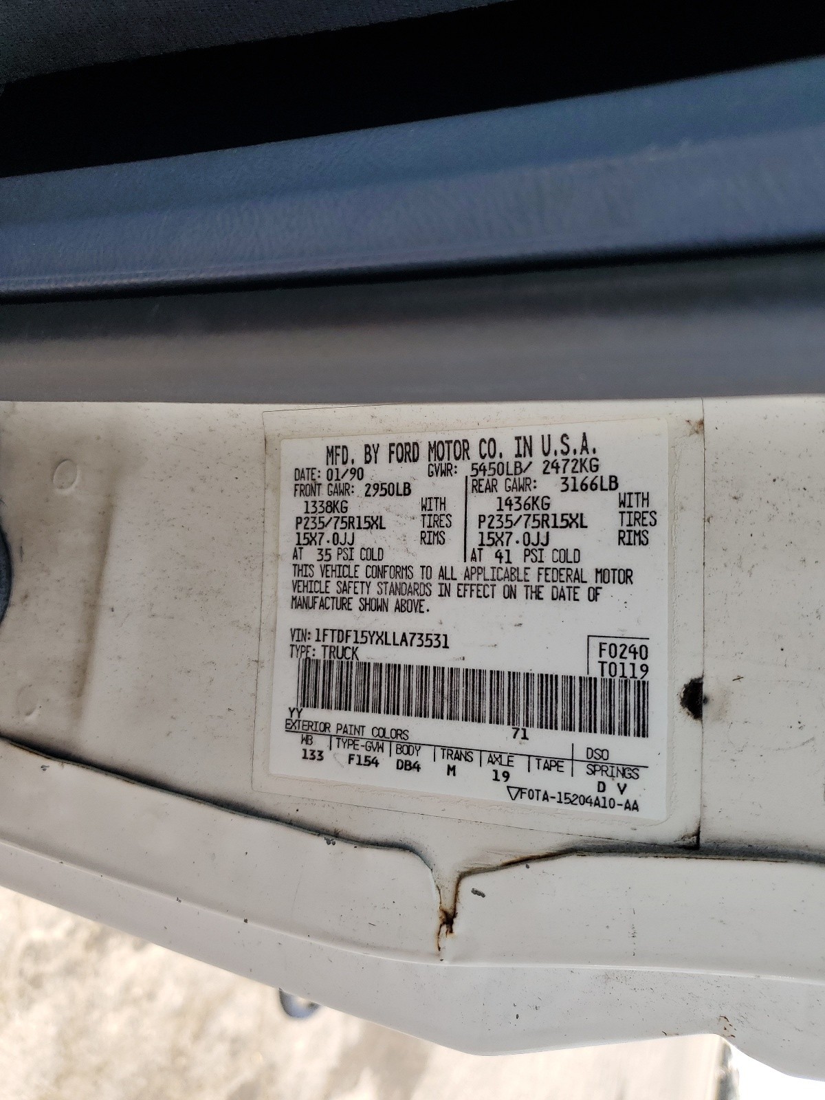 1FTDF15YXLLA73531 1990 Ford F150