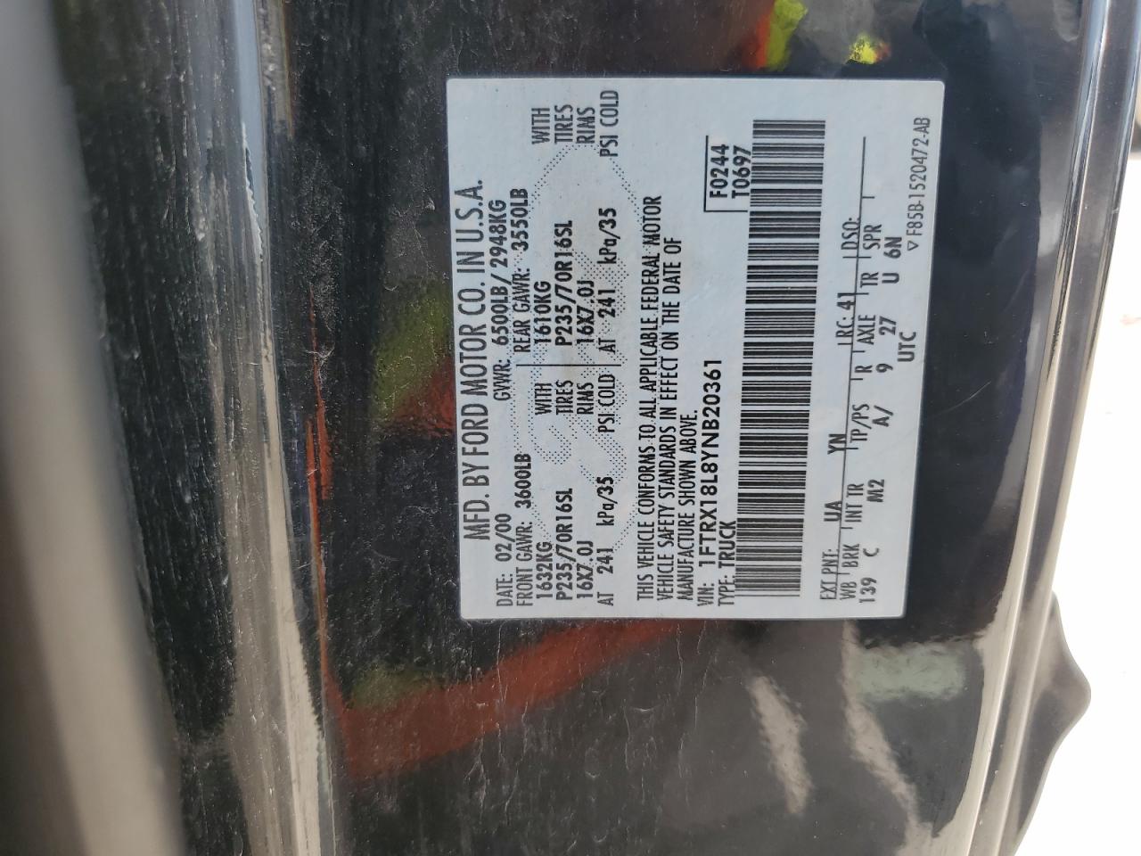 2000 Ford F150 VIN: 1FTRX18L8YNB20361 Lot: 61749944