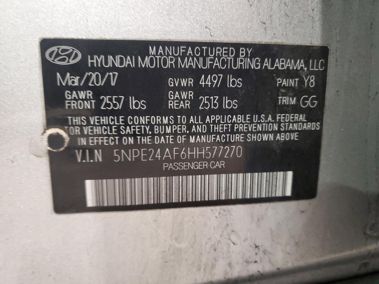 2017 Hyundai Sonata Se VIN: 5NPE24AF6HH577270 Lot: 65185274