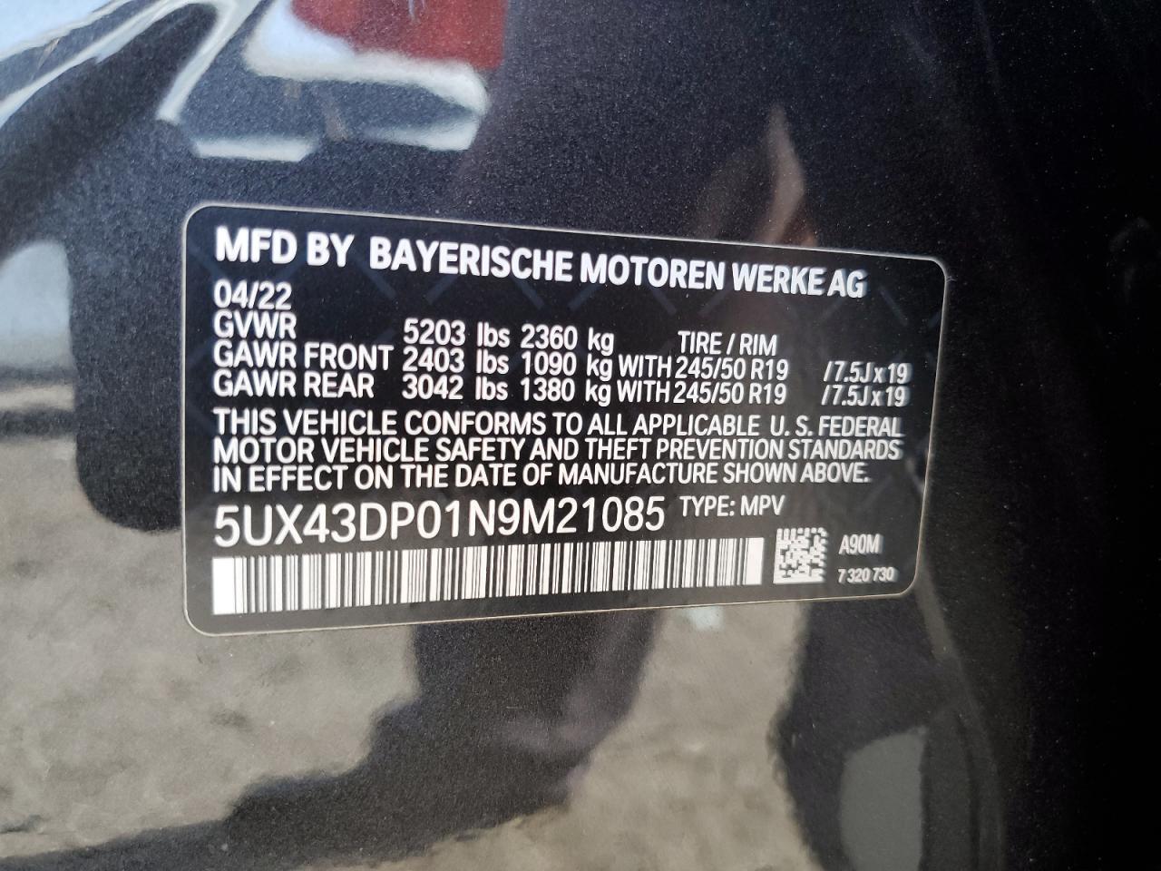 2022 BMW X3 Sdrive30I VIN: 5UX43DP01N9M21085 Lot: 63602924