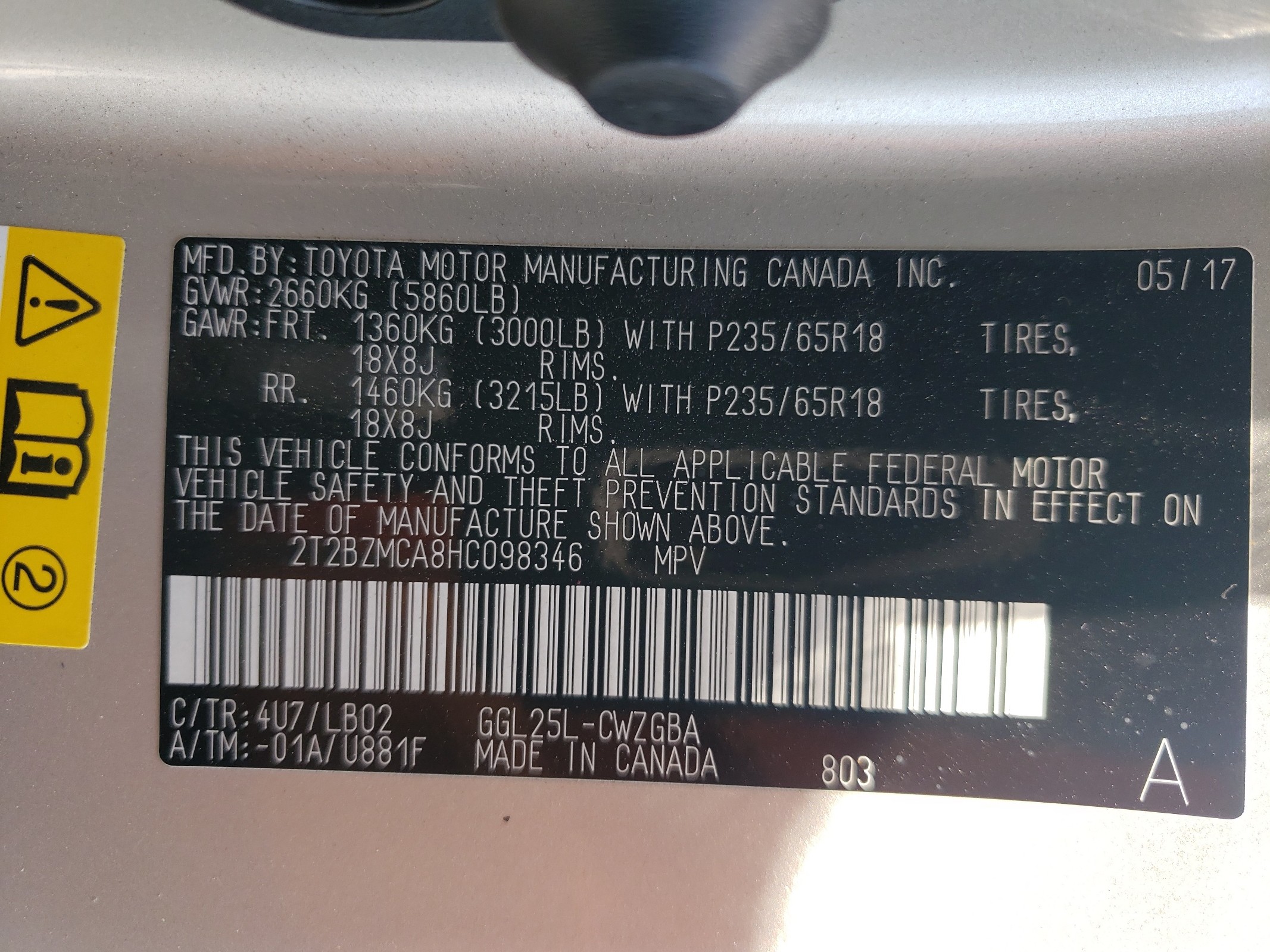 2T2BZMCA8HC098346 2017 Lexus Rx 350 Base