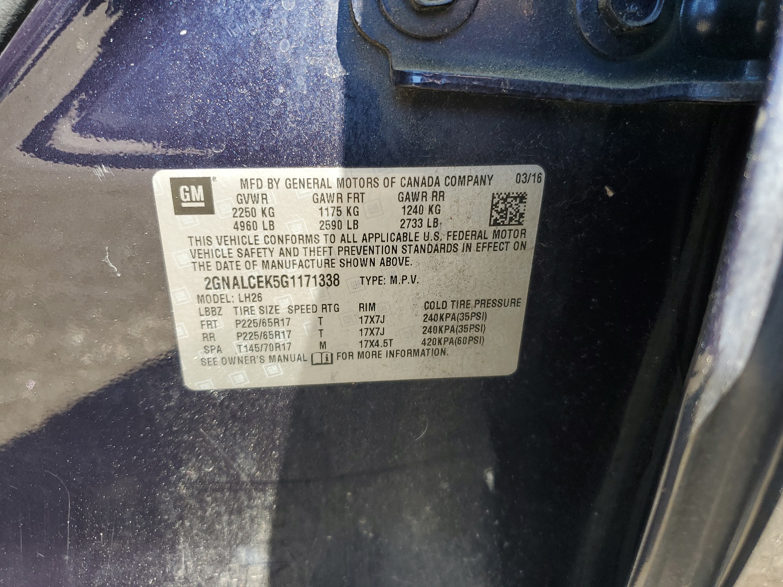 2GNALCEK5G1171338 2016 Chevrolet Equinox Lt