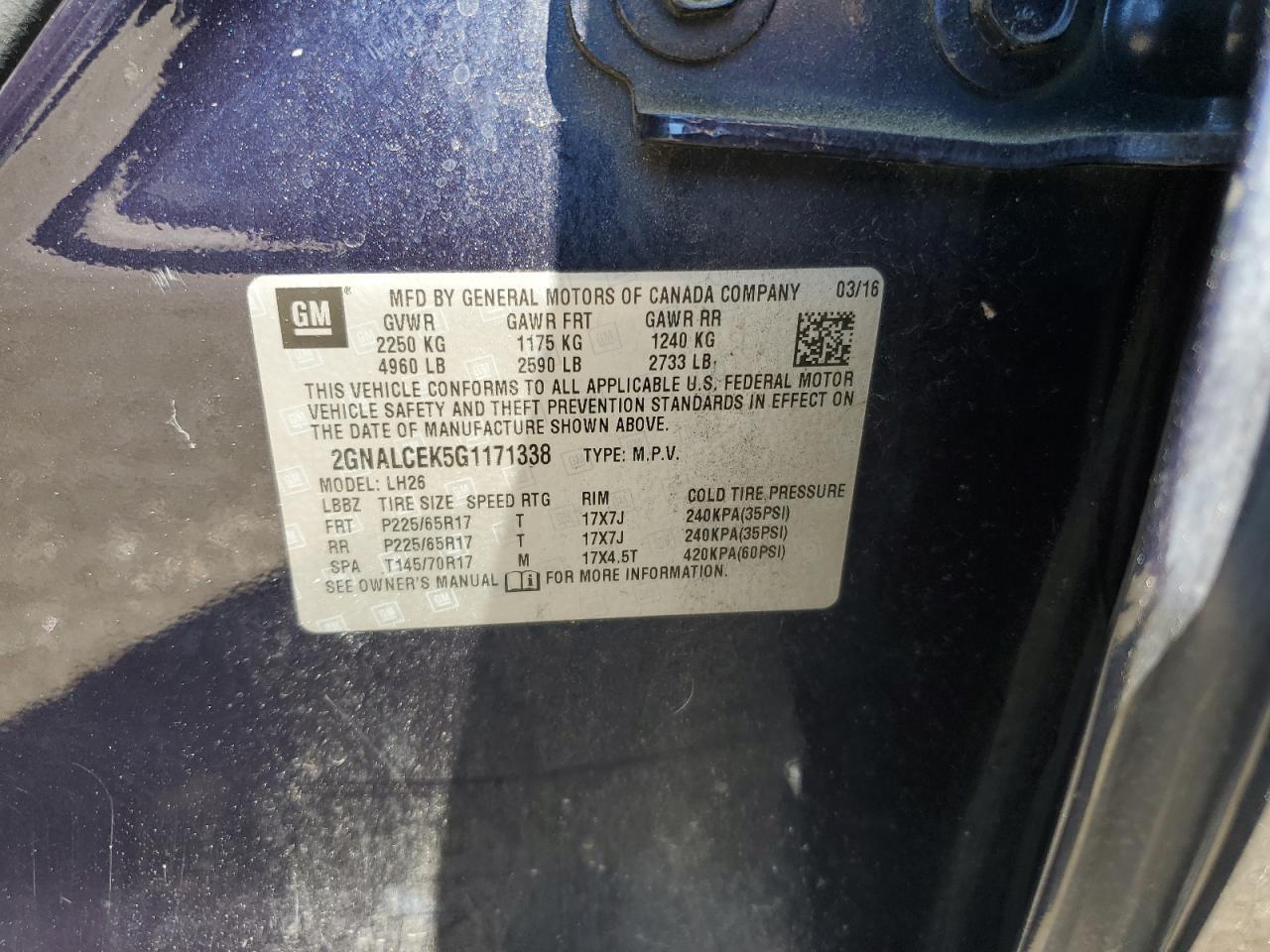 2016 Chevrolet Equinox Lt VIN: 2GNALCEK5G1171338 Lot: 62077284