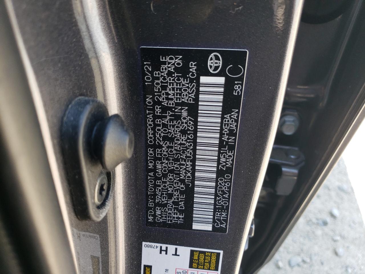 2022 Toyota Prius Night Shade VIN: JTDKAMFU5N3161697 Lot: 65440374