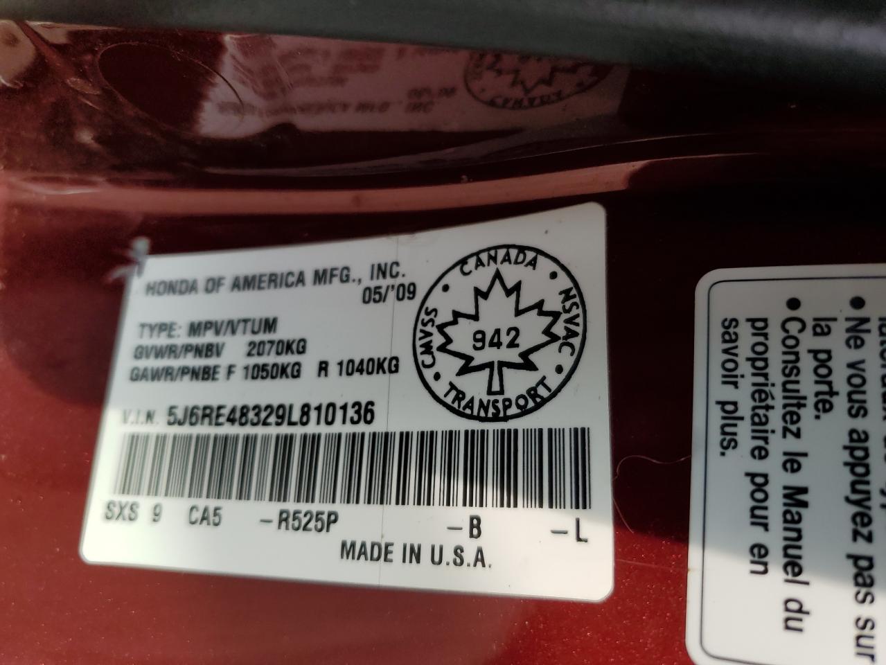 2009 Honda Cr-V Lx VIN: 5J6RE48329L810136 Lot: 63871164