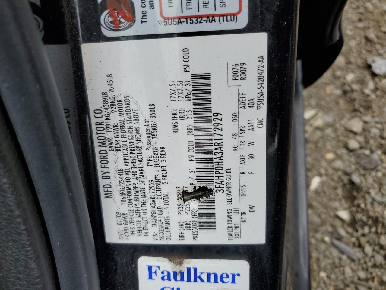 2010 Ford Fusion Se VIN: 3FAHP0HA3AR172929 Lot: 64587514