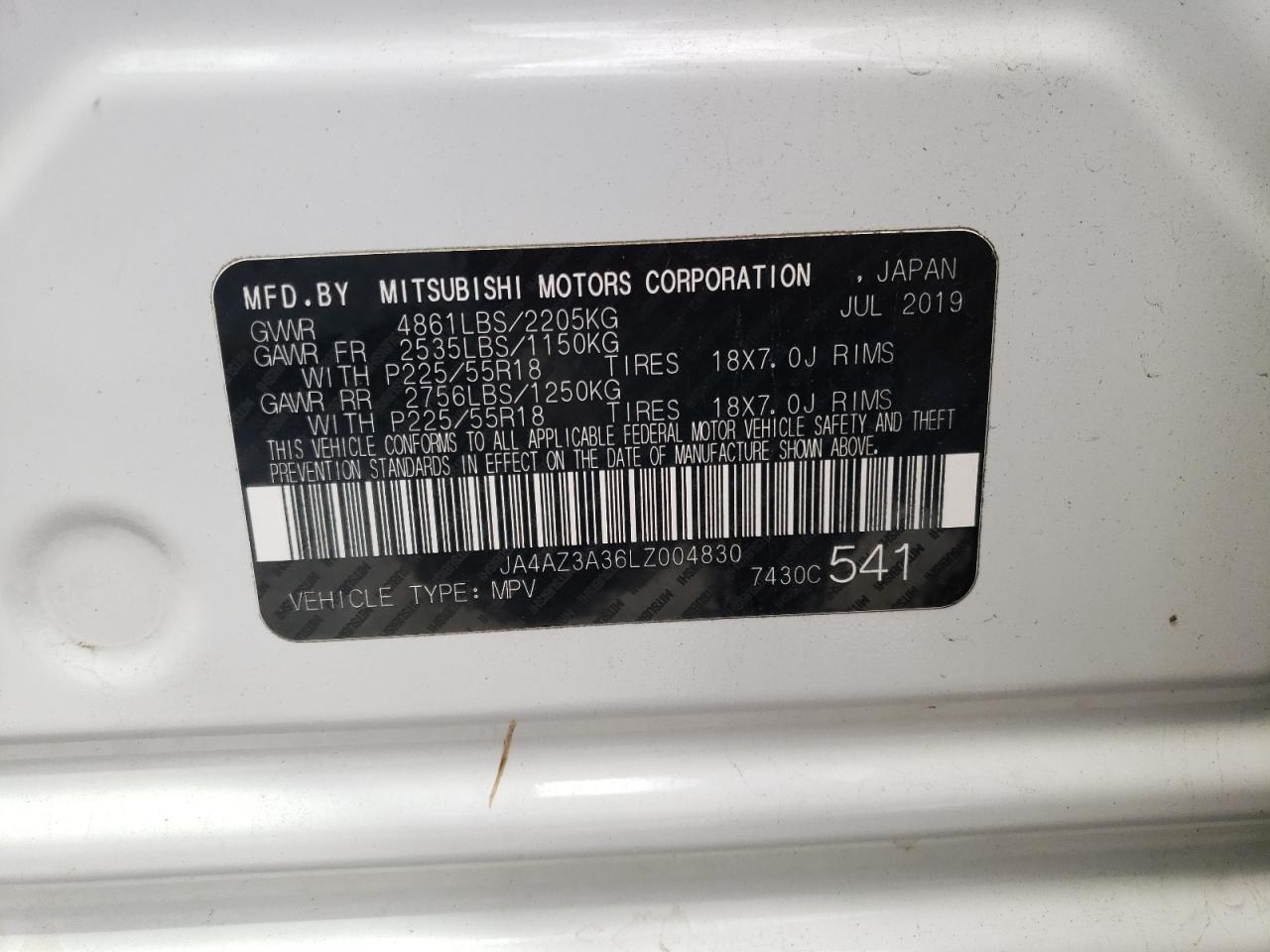 2020 Mitsubishi Outlander Se VIN: JA4AZ3A36LZ004830 Lot: 61906984