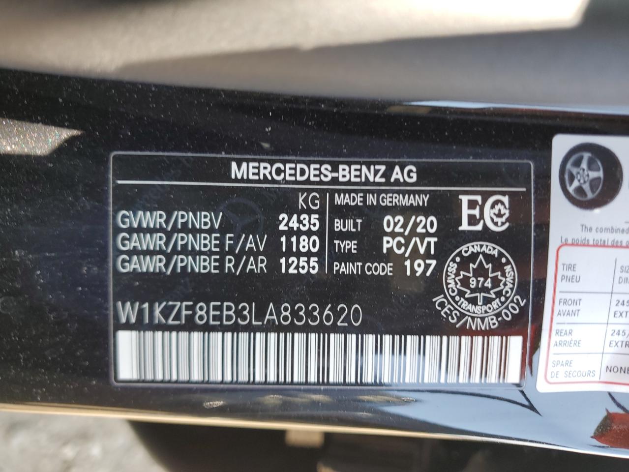 2020 Mercedes-Benz E 350 4Matic VIN: W1KZF8EB3LA833620 Lot: 62236364