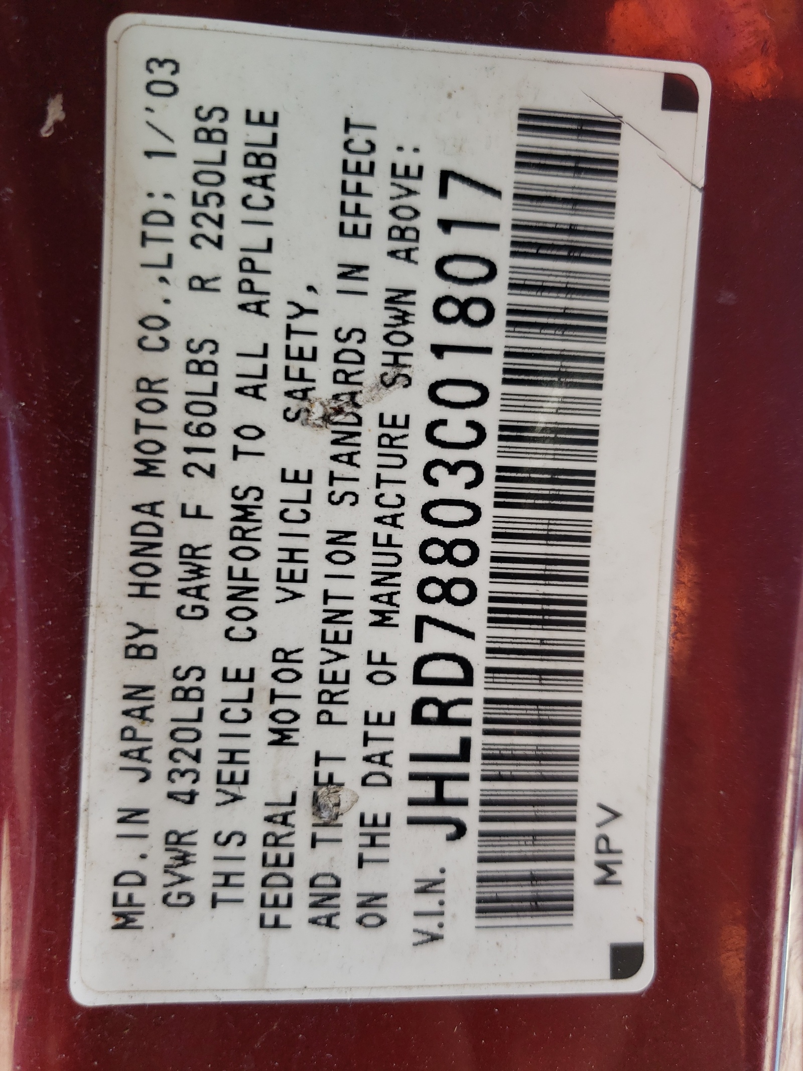 JHLRD78803C018017 2003 Honda Cr-V Ex