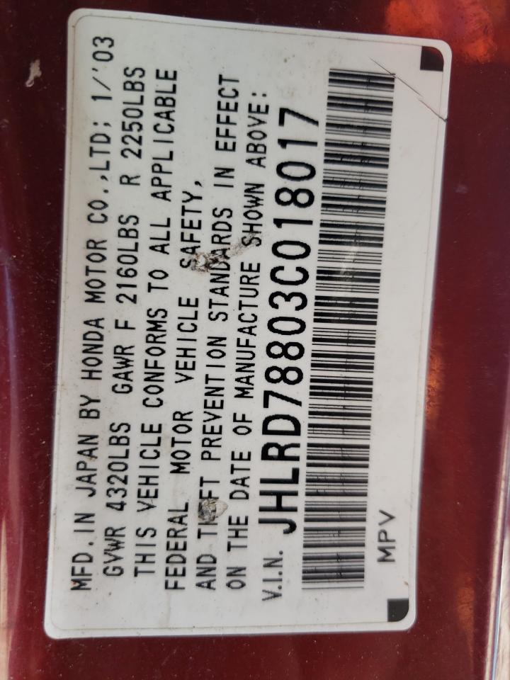 2003 Honda Cr-V Ex VIN: JHLRD78803C018017 Lot: 64184414