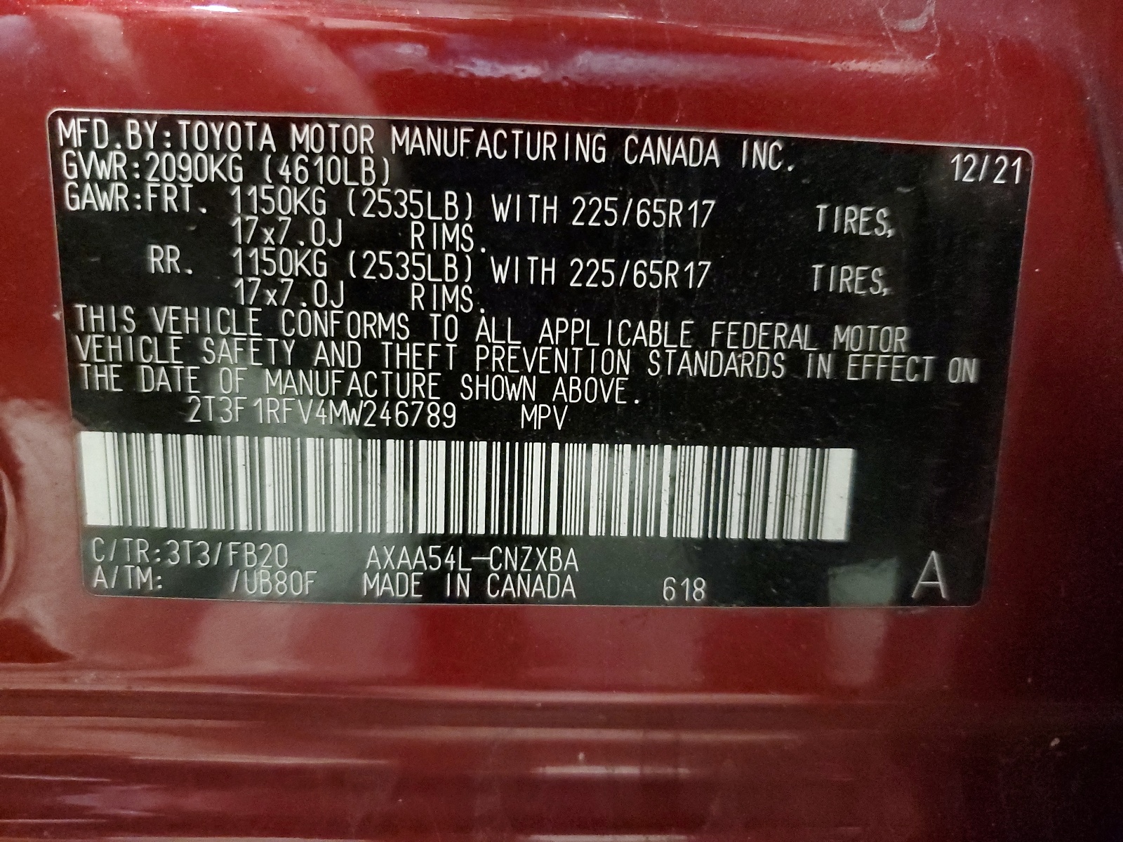 2T3F1RFV4MW246789 2021 Toyota Rav4 Le