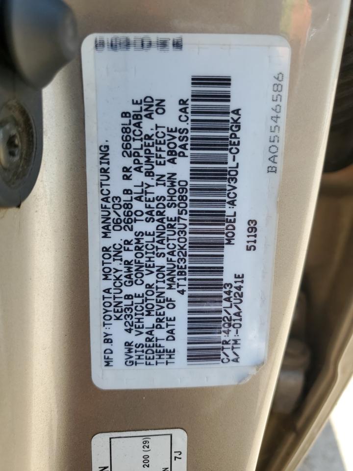 2003 Toyota Camry Le VIN: 4T1BE32K03U750890 Lot: 63855694