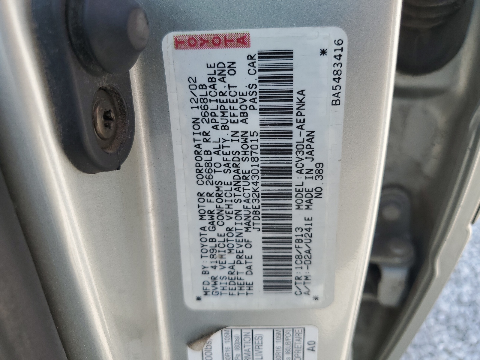 JTDBE32K430187015 2003 Toyota Camry Le