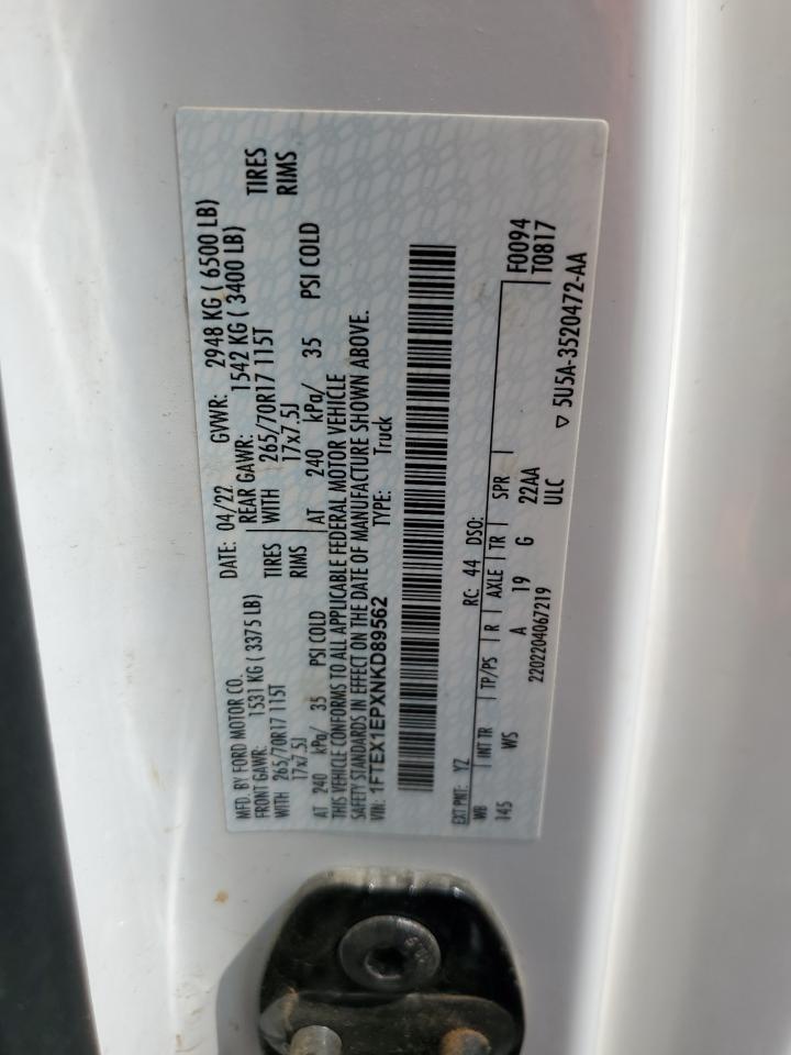 2022 Ford F150 Super Cab VIN: 1FTEX1EPXNKD89562 Lot: 64881384