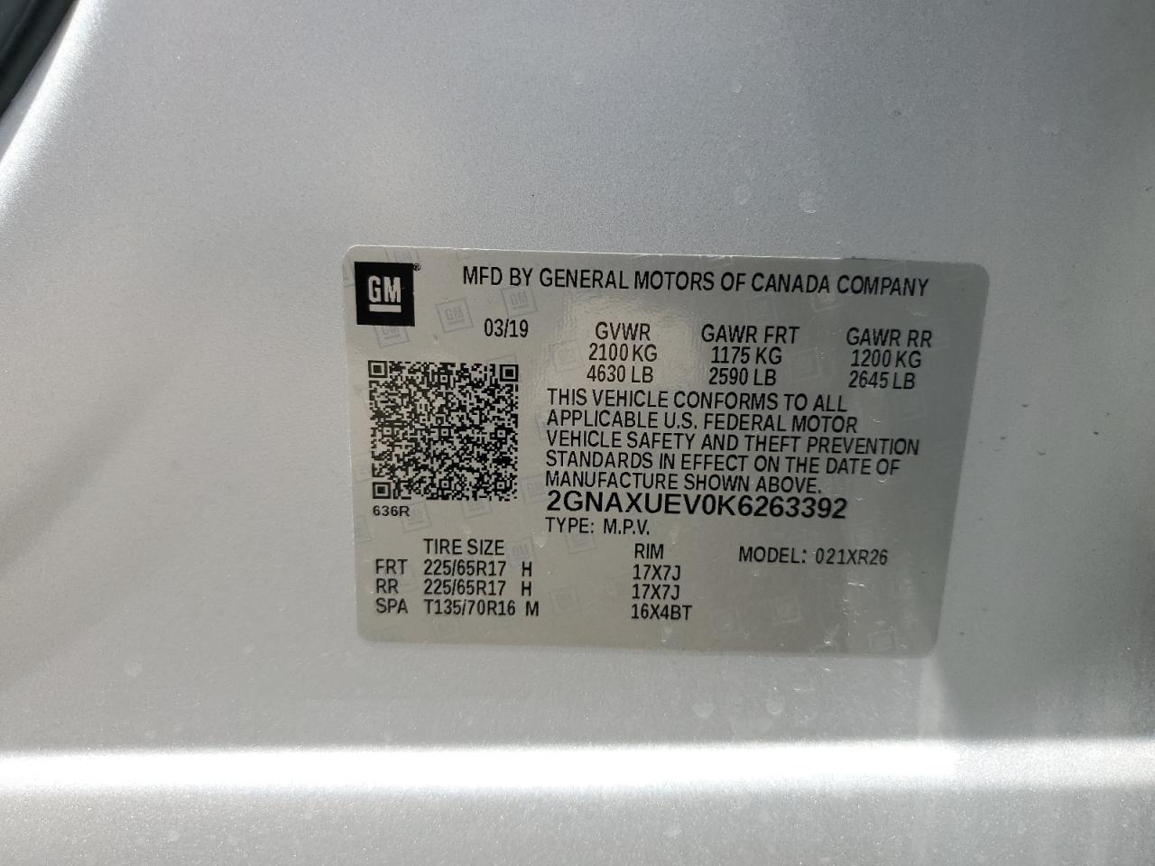 2GNAXUEV0K6263392 2019 Chevrolet Equinox Lt