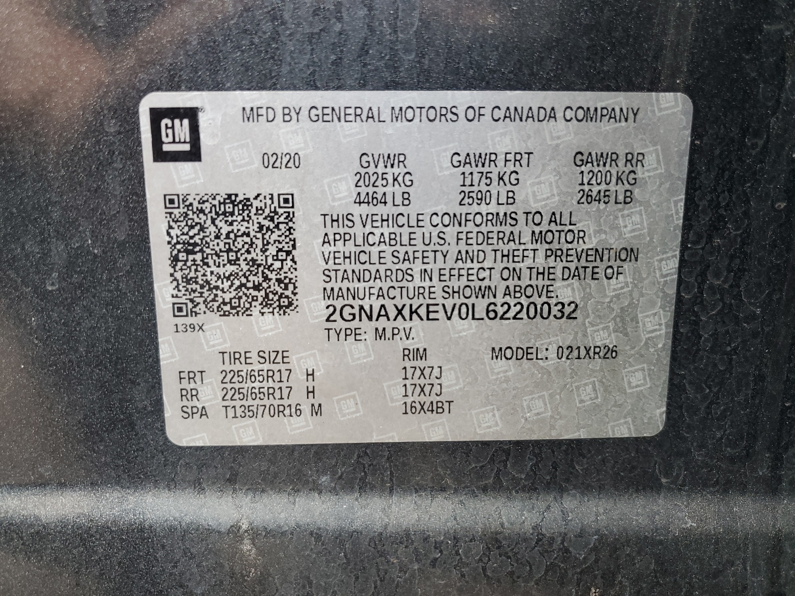 2GNAXKEV0L6220032 2020 Chevrolet Equinox Lt