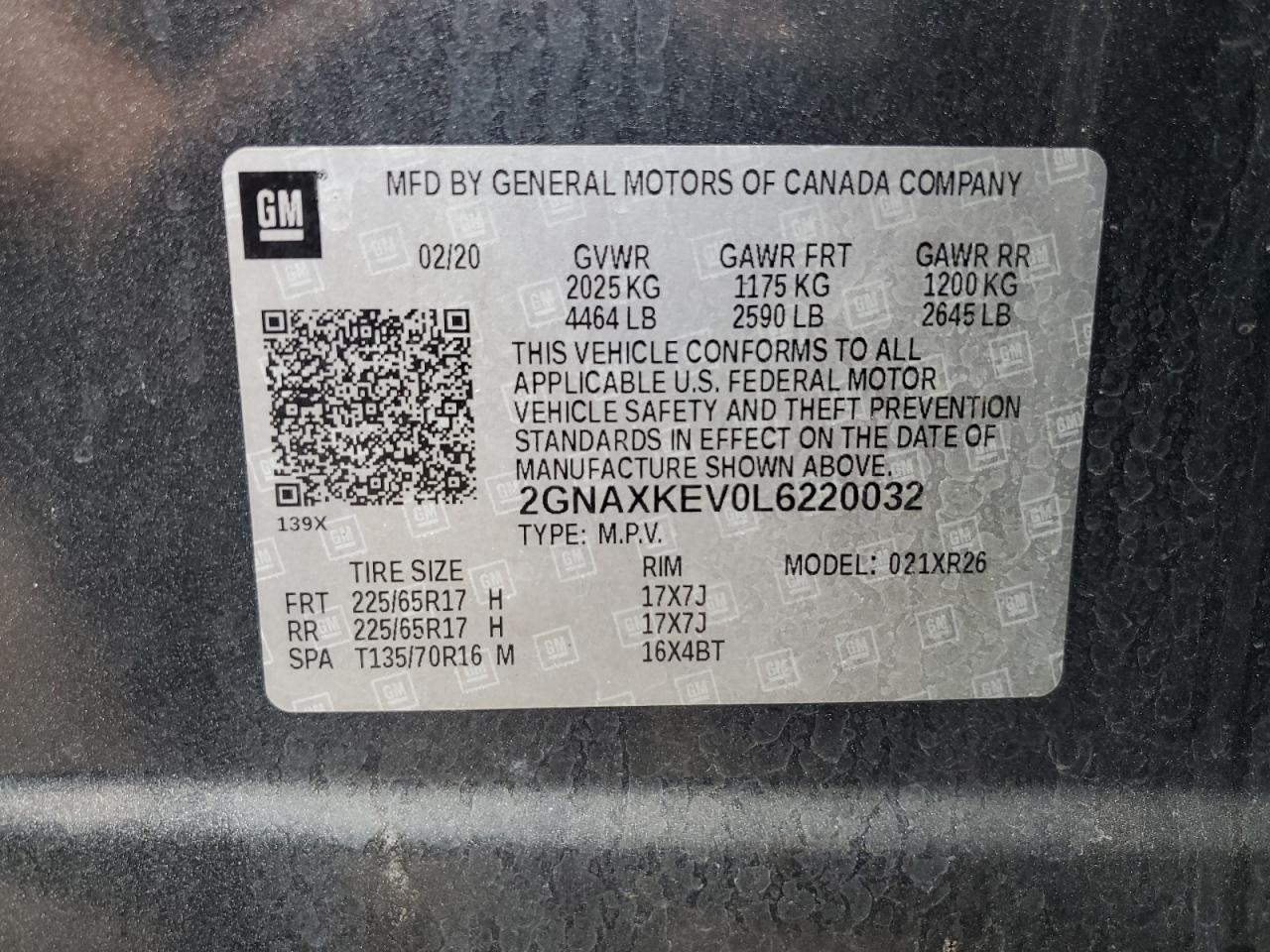 2020 Chevrolet Equinox Lt VIN: 2GNAXKEV0L6220032 Lot: 64526934