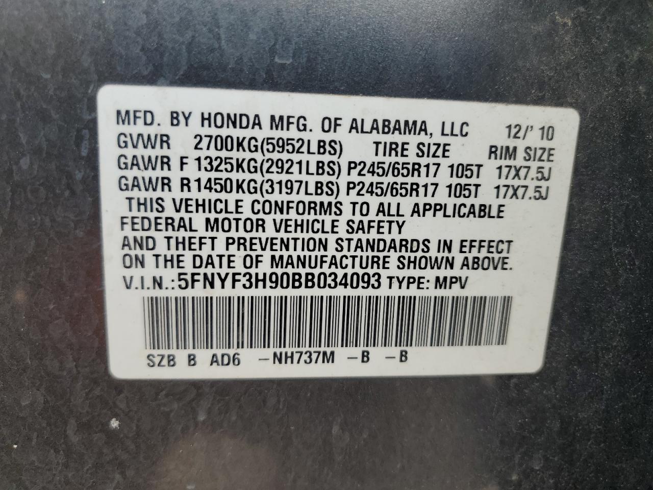 2011 Honda Pilot Touring VIN: 5FNYF3H90BB034093 Lot: 64985804