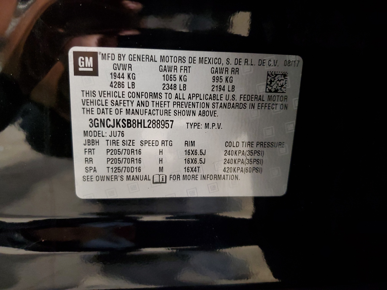 3GNCJKSB8HL288957 2017 Chevrolet Trax Ls