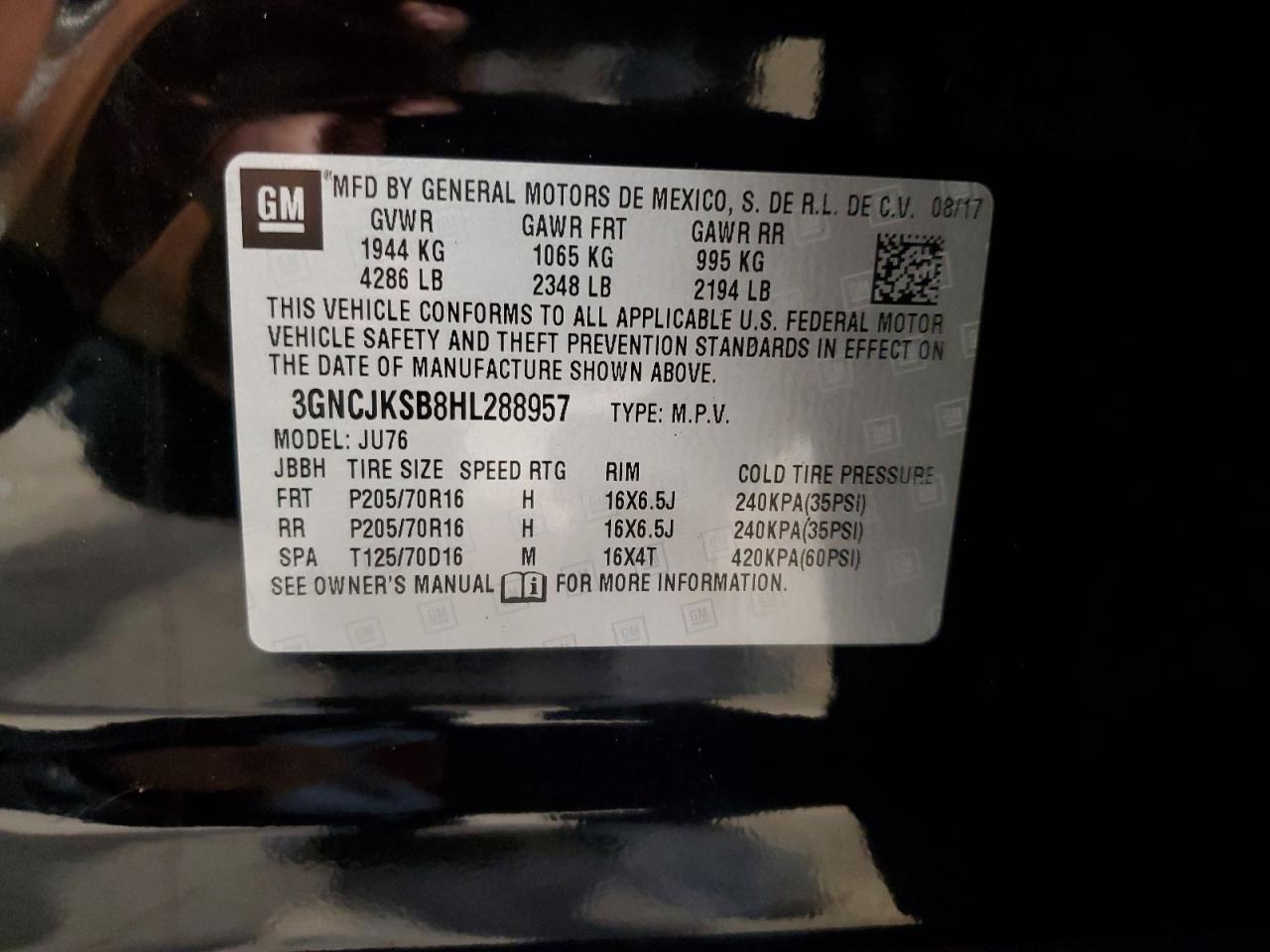 2017 Chevrolet Trax Ls VIN: 3GNCJKSB8HL288957 Lot: 64214234