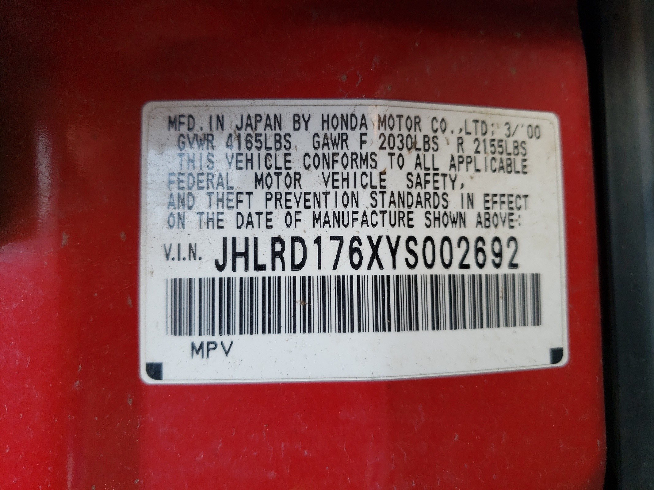 JHLRD176XYS002692 2000 Honda Cr-V Ex
