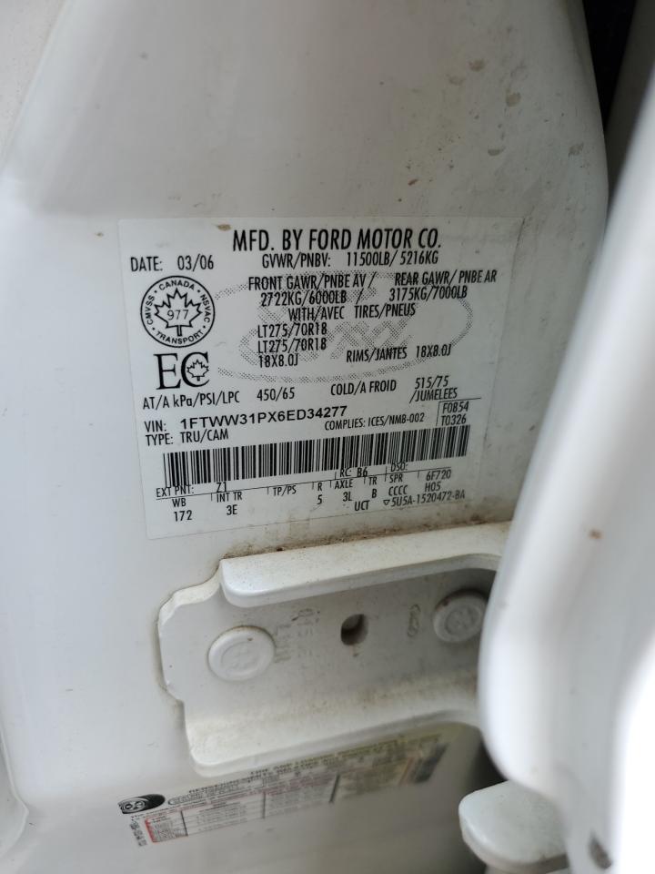 2006 Ford F350 Srw Super Duty VIN: 1FTWW31PX6ED34277 Lot: 61373654