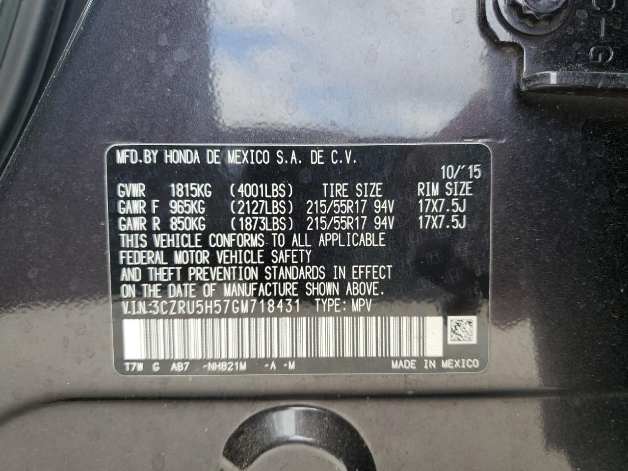 2016 Honda Hr-V Ex VIN: 3CZRU5H57GM718431 Lot: 65143914