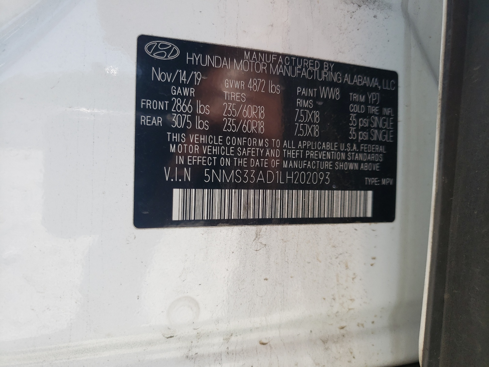 5NMS33AD1LH202093 2020 Hyundai Santa Fe Sel