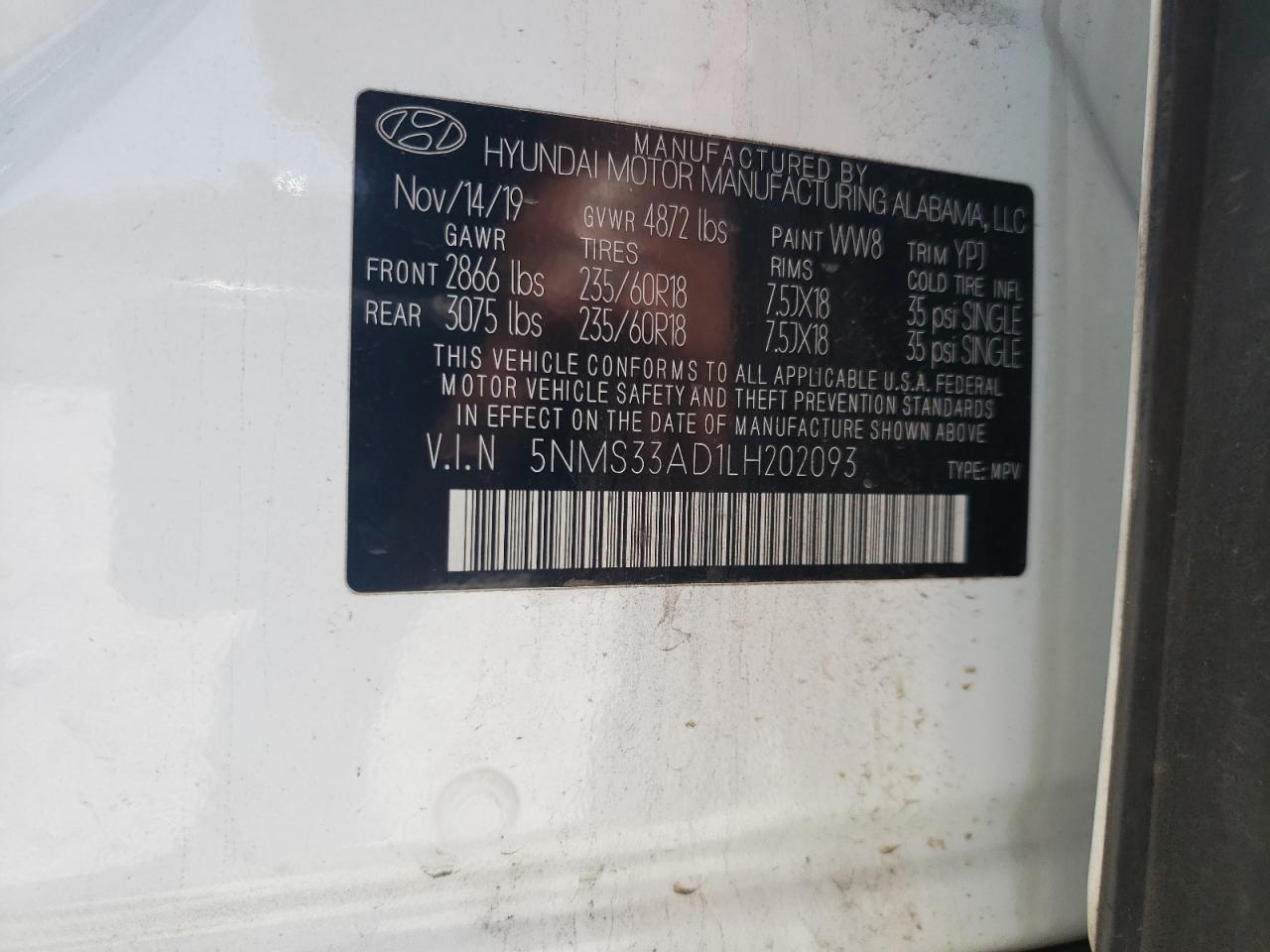 2020 Hyundai Santa Fe Sel VIN: 5NMS33AD1LH202093 Lot: 63481204