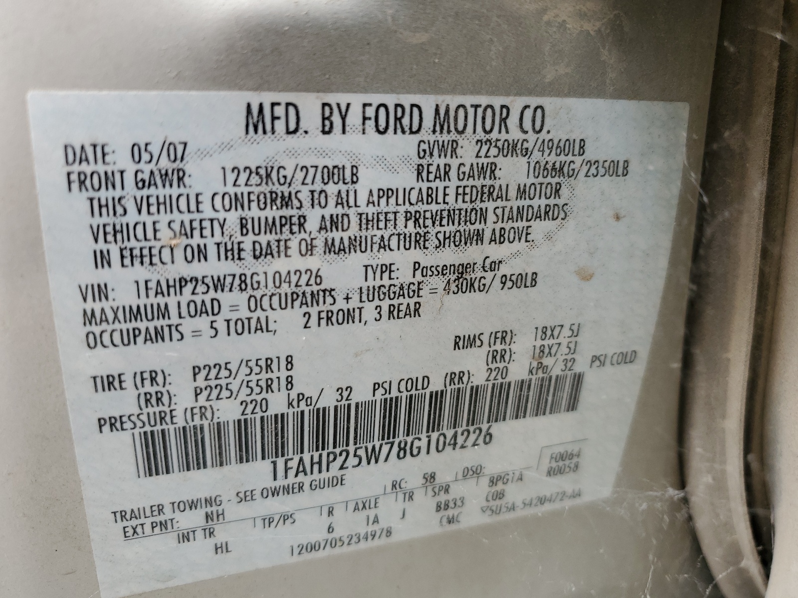 1FAHP25W78G104226 2008 Ford Taurus Limited