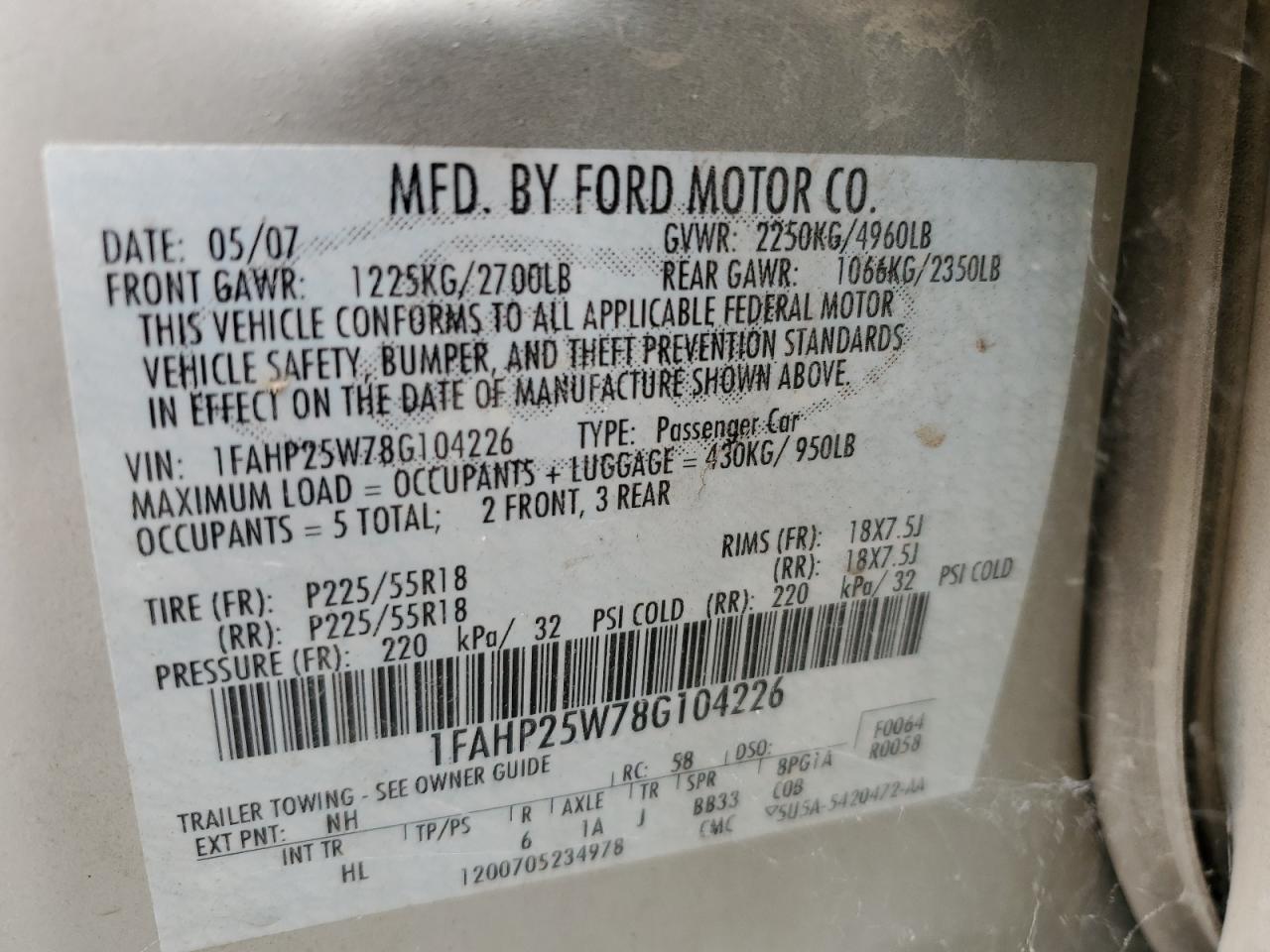 2008 Ford Taurus Limited VIN: 1FAHP25W78G104226 Lot: 63173984