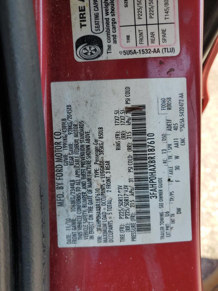 2011 Ford Fusion Se VIN: 3FAHP0HAXBR187610 Lot: 61735044