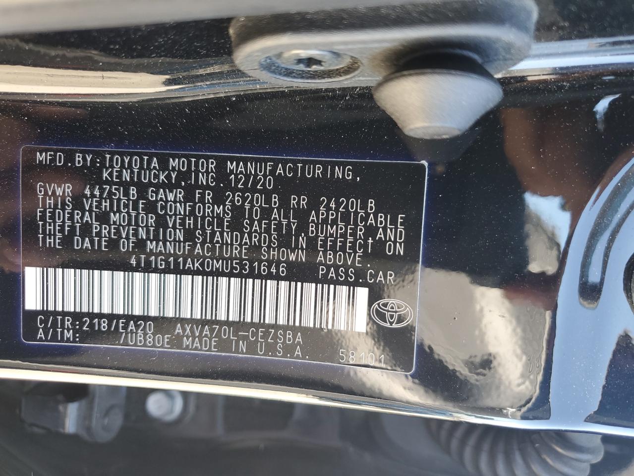 4T1G11AK0MU531646 2021 Toyota Camry Se