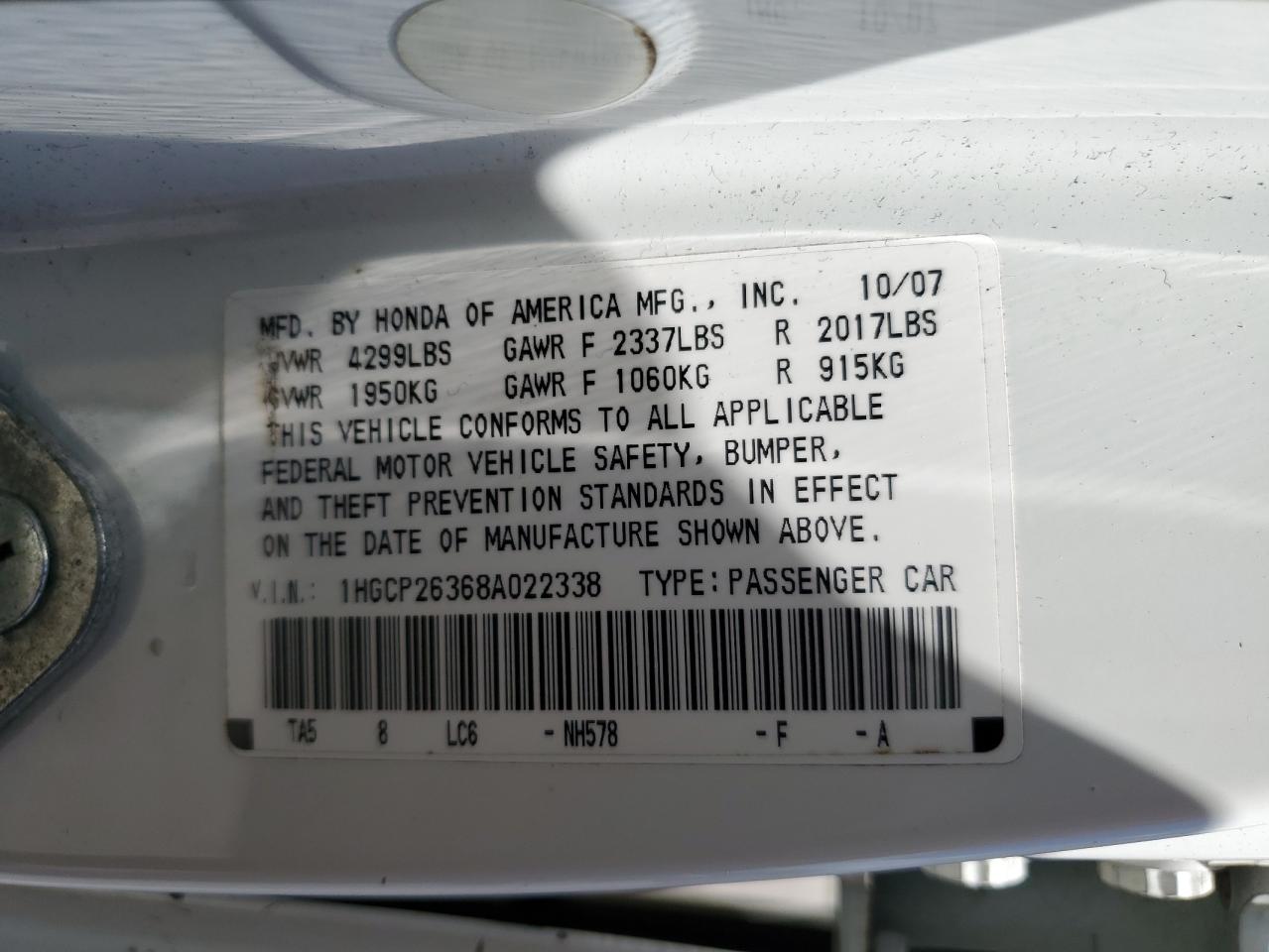 1HGCP26368A022338 2008 Honda Accord Lx