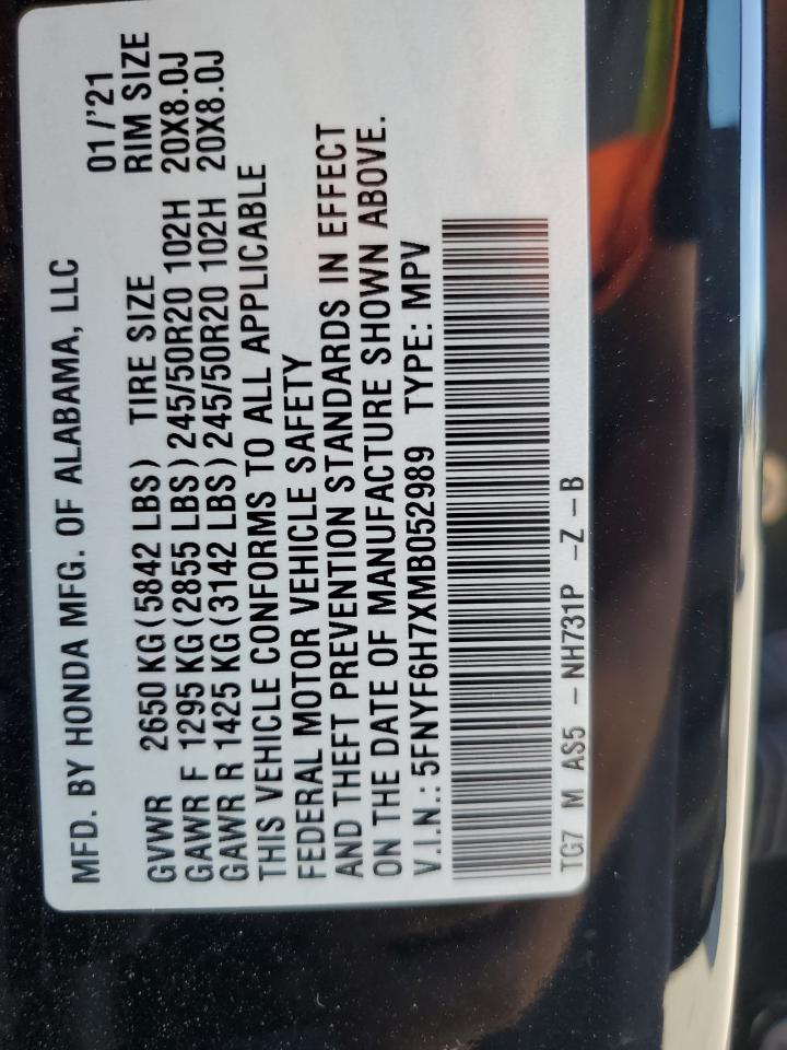 2021 Honda Pilot Black VIN: 5FNYF6H7XMB052989 Lot: 63758264
