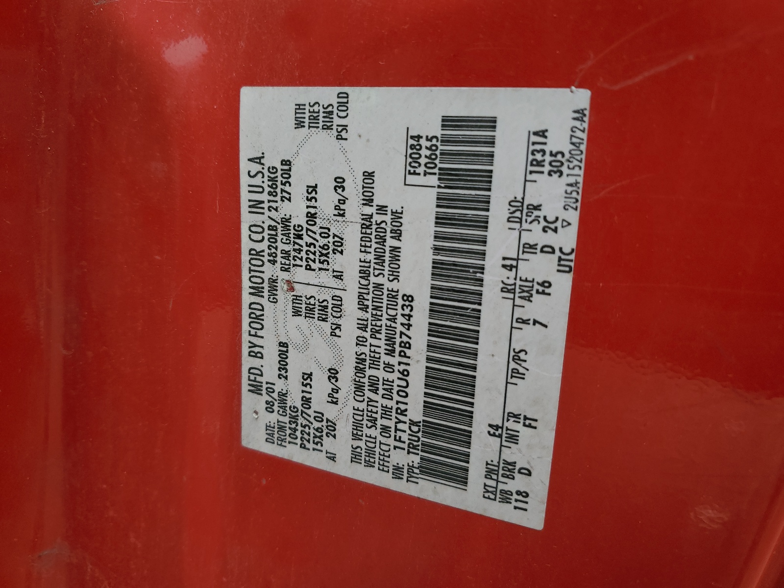 1FTYR10U61PB74438 2001 Ford Ranger