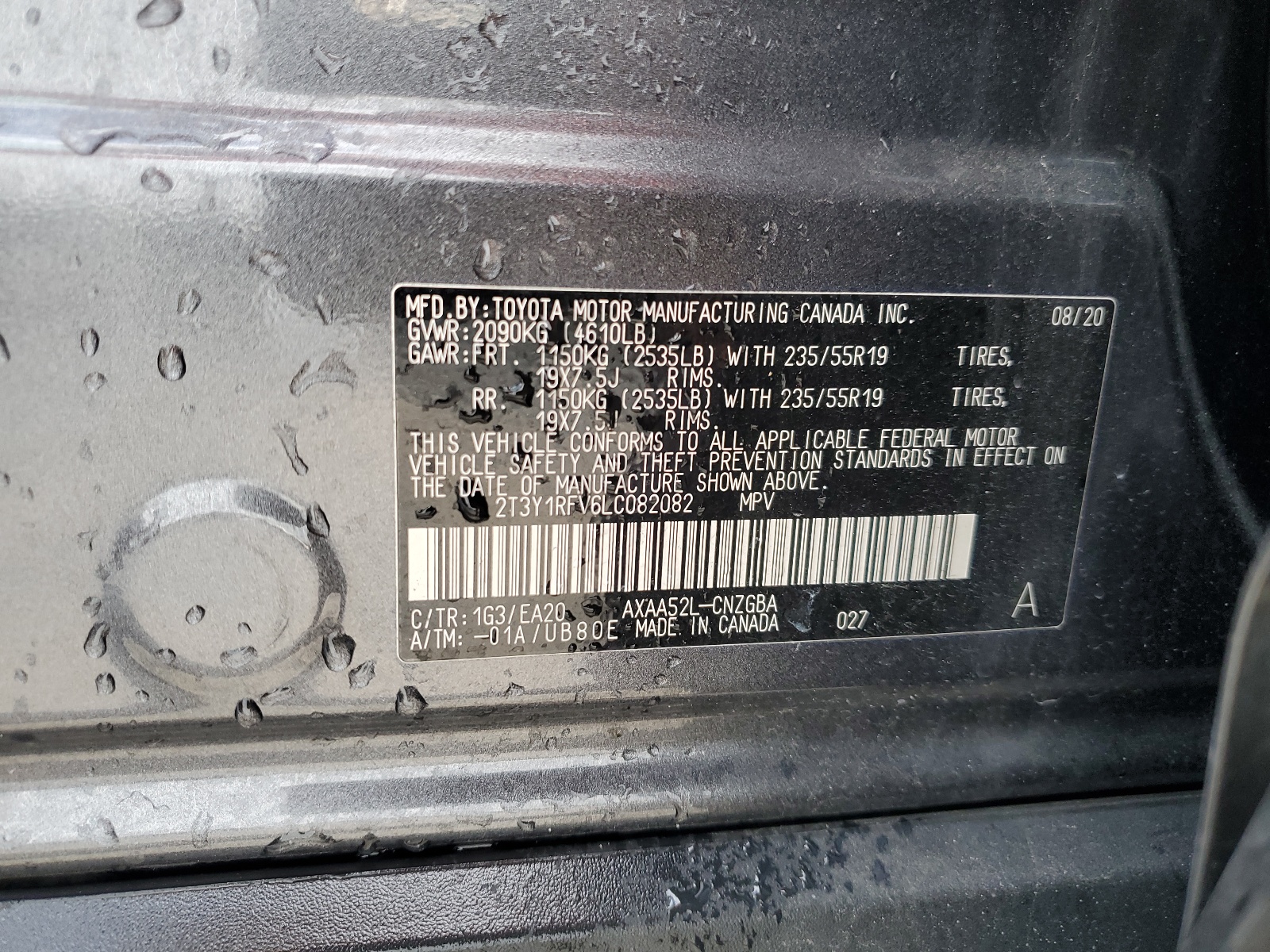 2T3Y1RFV6LC082082 2020 Toyota Rav4 Limited