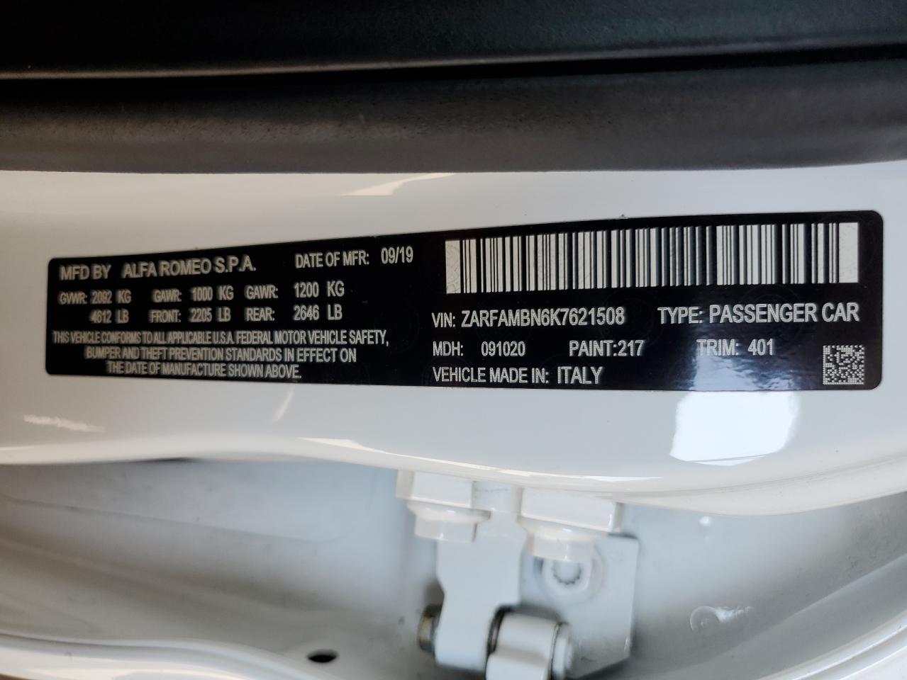 2019 Alfa Romeo Giulia Ti VIN: ZARFAMBN6K7621508 Lot: 65078924