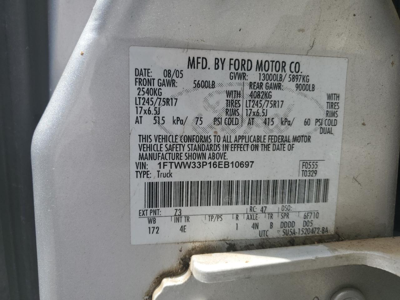 2006 Ford F350 Super Duty VIN: 1FTWW33P16EB10697 Lot: 63045914