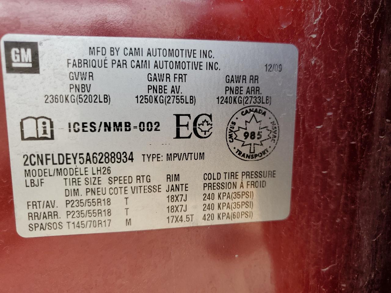 2010 Chevrolet Equinox Lt VIN: 2CNFLDEY5A6288934 Lot: 61307964