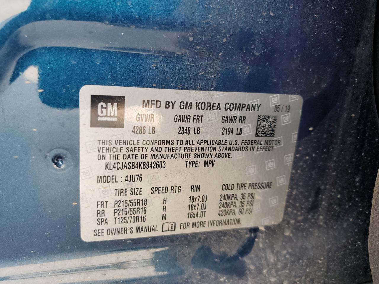 2019 Buick Encore Preferred VIN: KL4CJASB4KB942603 Lot: 63343014