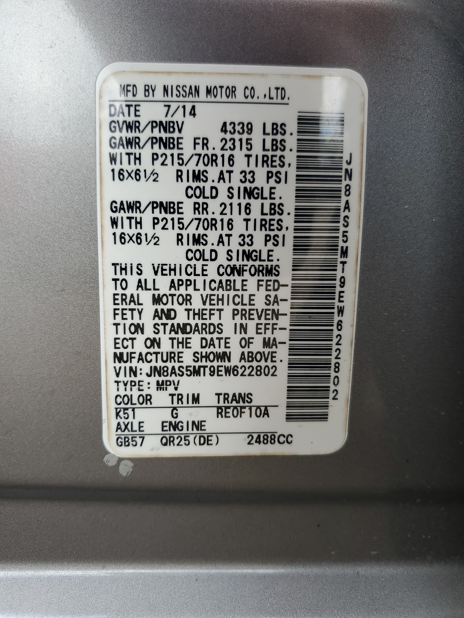 JN8AS5MT9EW622802 2014 Nissan Rogue Select S