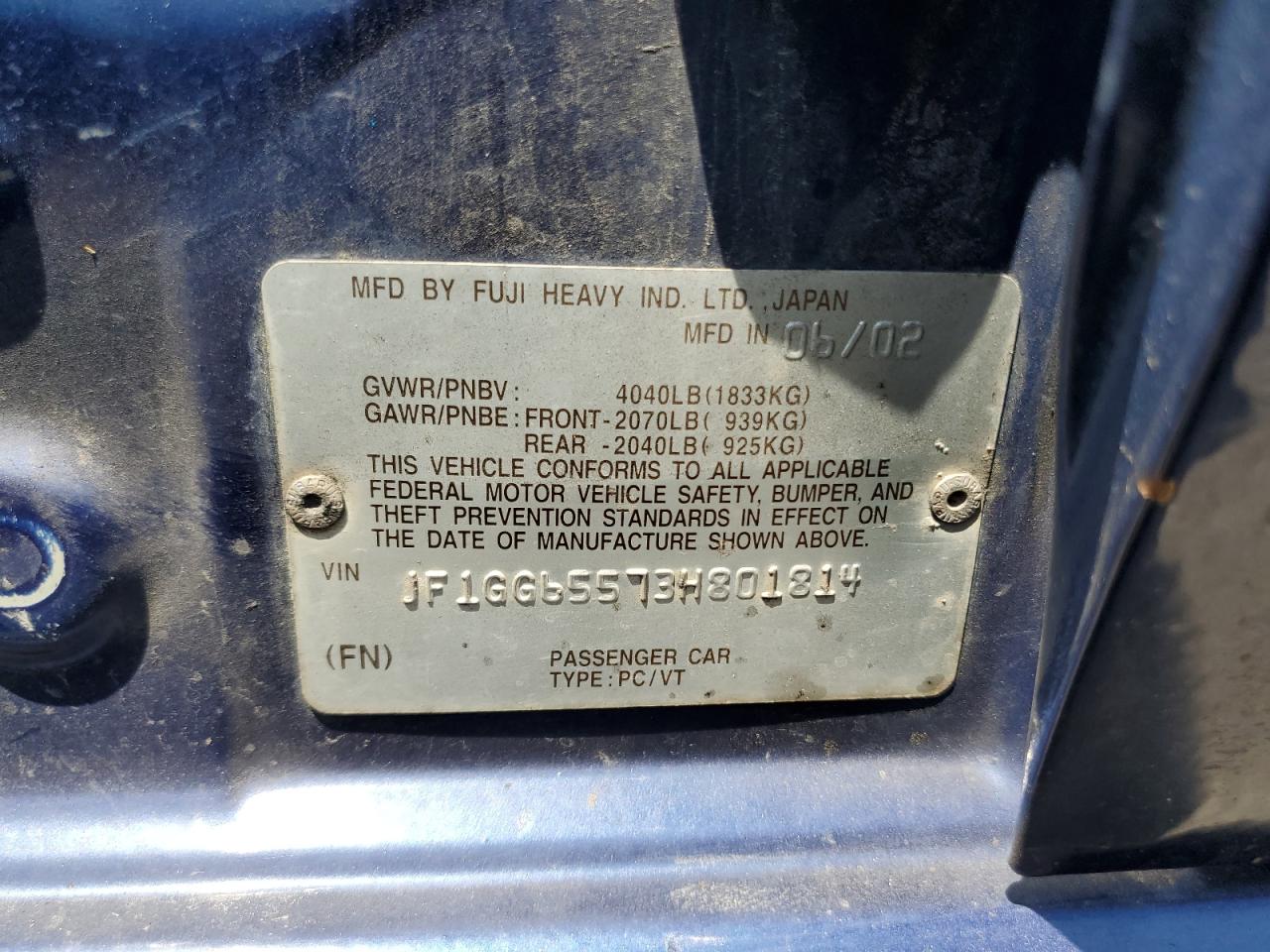 2003 Subaru Impreza Ts VIN: JF1GG65573H801814 Lot: 64492604